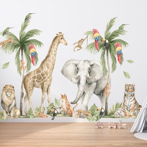 Baby Safari Animals Watercolor Wall Decal, Watercolor Wall Sticker, Forest Theme Nursery Mural, Lion, Elephant, Palm Trees, Peel and Stick