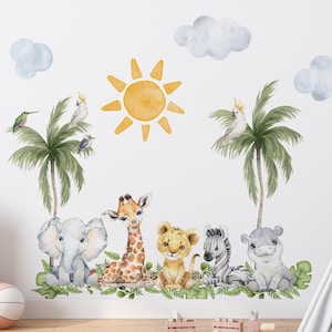 Baby Safari Animals Watercolor Wall Decal, Peel and Stick Tree Decal, Lion, Elephant Wall Decal, Nursery Mural, Watercolor Wall Sticker