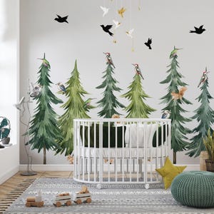 Sticker mural pin forêt, sticker mural forêt, sticker mural aquarelle, sticker arbre autocollant, décoration murale de chambre d'enfant