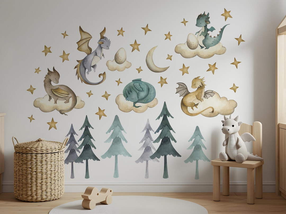 Watercolor Dragon Wall Decals, Forest Nursery Decor, Peel and Stick - Etsy