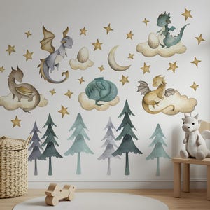 Cute Dragon Wall Decal, Forest Tree Wall Decal, Watercolor Nursery Decals, Kids Playroom Decor, Stars, Moon, Clouds, Fantasy, Peel and Stick