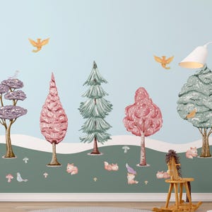 Colorful forest watercolor trees, forest wall decal, tree decal, large forest wall decal, Watercolor Wall Sticker, Peel and Stick Tree Decal