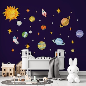 Adesivi murali spaziali, sistema solare ad acquerello, adesivi per cameretta dei bambini, adesivi murali con pianeti, pianeti, astronauti, stelle, adesivi murali per bambini, adesivi da staccare e attaccare