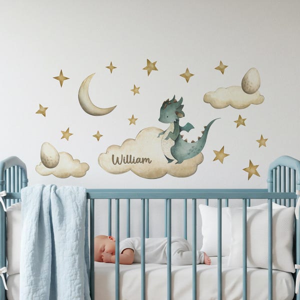 Calcomanía de pared personalizada con nombre de dragón: decoración infantil en acuarela
