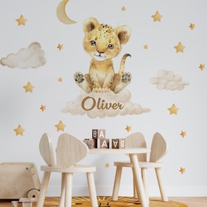 Calcomanía de pared con nombre, decoración de habitación infantil, calcomanía de león, calcomanía de pared con nombre de niño, decoración de guardería para niño, calcomanías de safari, decoración de dormitorio de niño, león, nube, estrellas