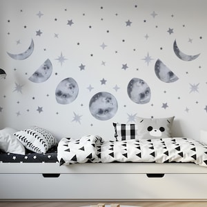 Moon Phases Wall Decal, Stars Wall Stickers, Watercolor Celestial Art, Nursery Decor Kids Room, Peel and Stick, Removable Playroom Art