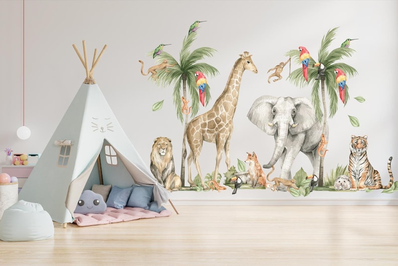 Watercolor Safari Animals Wall Decal: Peel & Stick Nursery Mural - Etsy