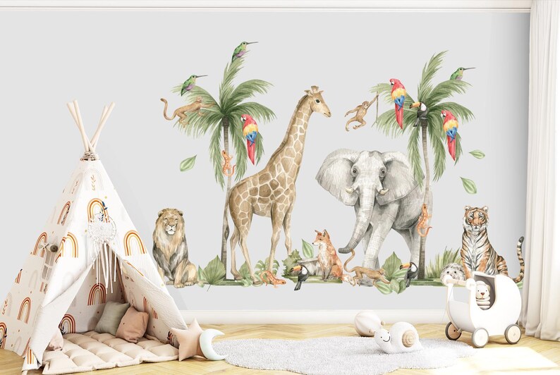 Watercolor Safari Animals Wall Decal: Peel & Stick Nursery Mural - Etsy