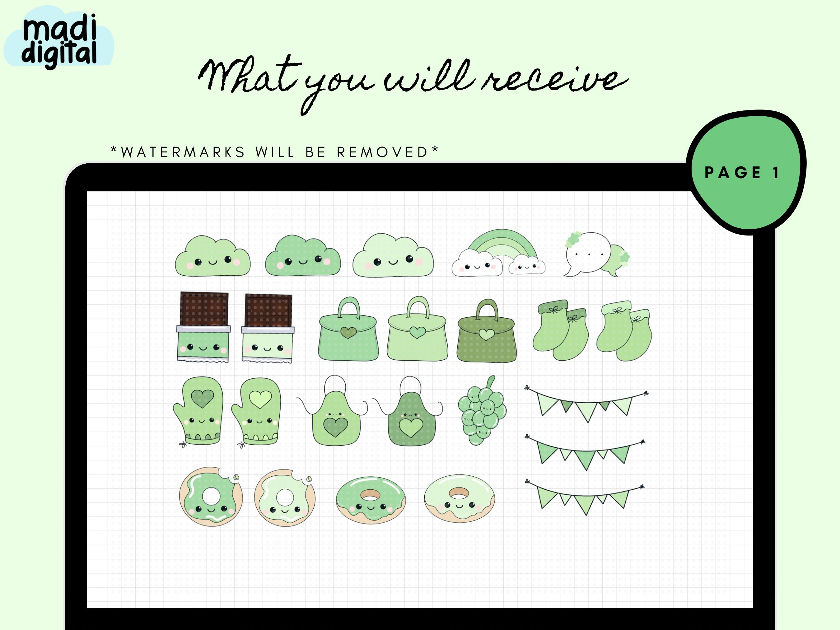 Green Kawaii Digital Sticker Pack Goodnotes/notability, 70+ Digital ...