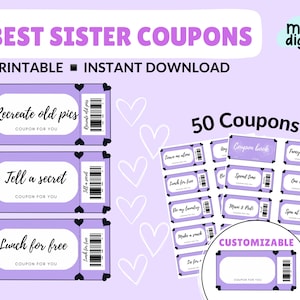 50 Cupones de amor personalizables Mejor hermana, Cumpleaños de la hermana, Regalo para ella, lindo libro de cupones de cupones, plantilla, Descarga instantánea, PDF imprimible