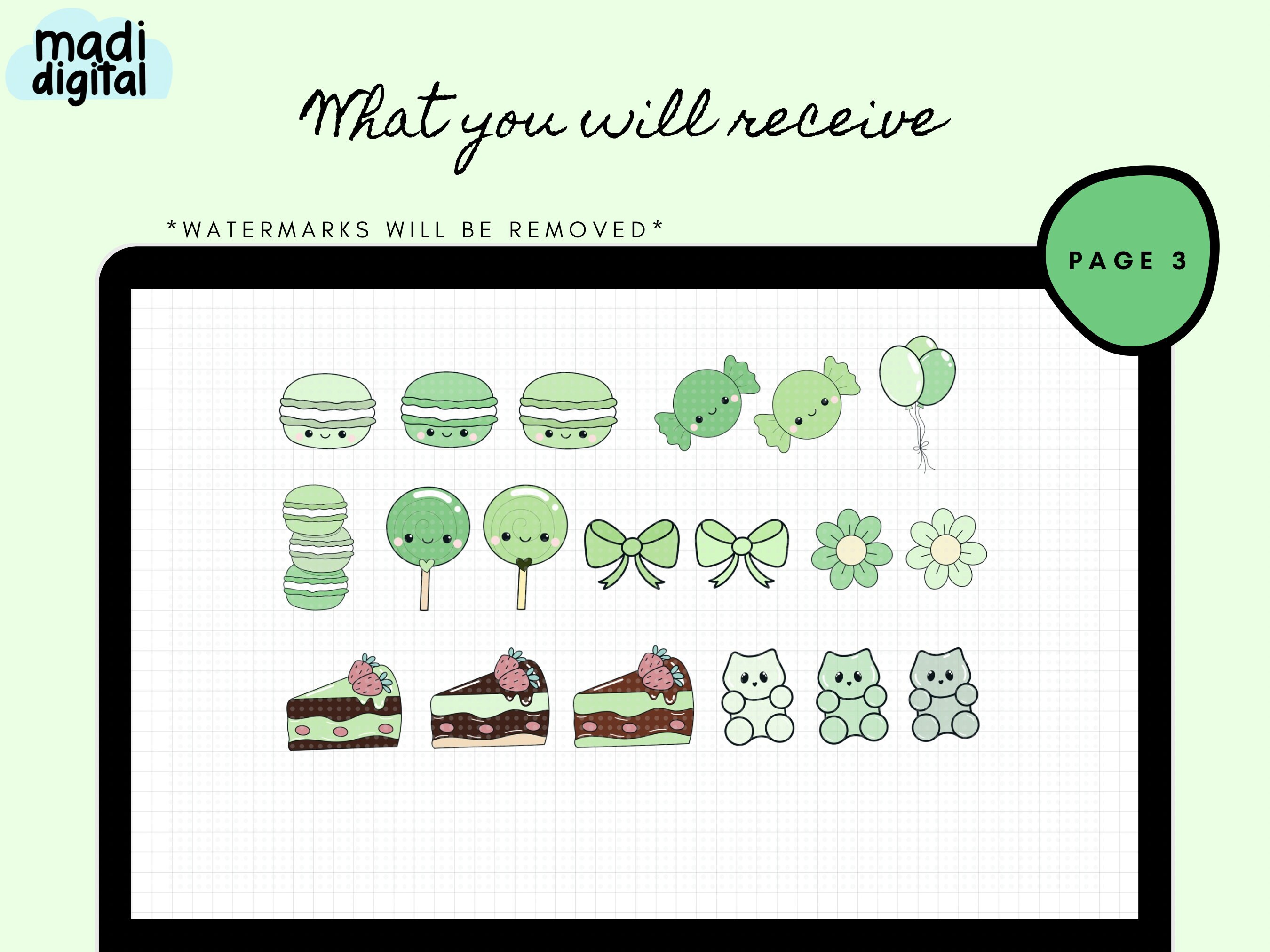 Green Kawaii Digital Sticker Pack Goodnotes/notability, 70 Digital ...