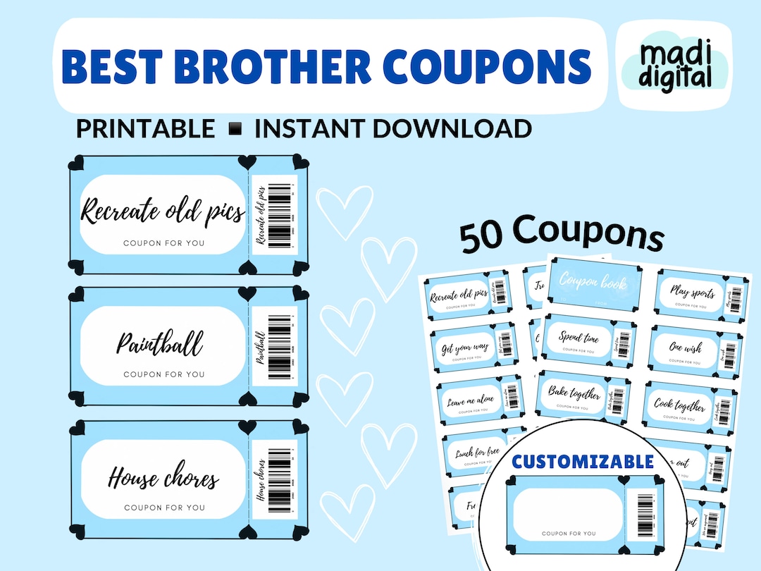 50 Customizable Brother Love Coupons Birthday Gift for Him Cute Coupon Voucher Book Instant Download Printable PDF Template Ticket tokens Etsy