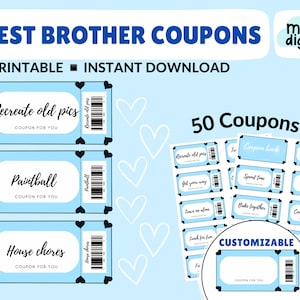50 Anpassbare Brother Love Coupons, Geburtstagsgeschenk für ihn, süßes Coupon-Gutscheinbuch, sofortiger Download druckbare PDF-Vorlage Ticket/Token
