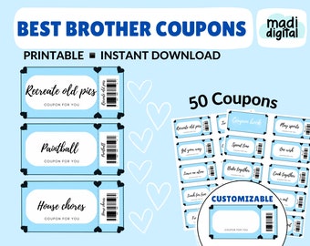 50 Customizable Brother Love Coupons, Birthday gift for him, cute coupon voucher book, instant Download printable PDF template ticket/tokens