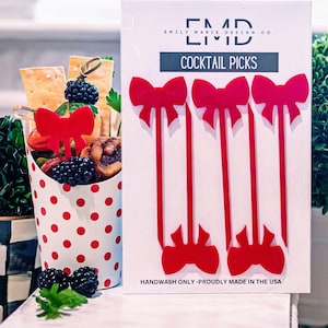 Preppy Red Bow Cocktail Picks SET OF 5 Reusable Appetizer Food Skewers, Individual Charcuterie Cup Food Picks 2 Sided Acrylic Birthday Decor