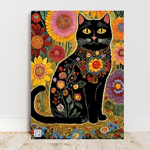 Gustav Klimt Garden Cat Print, Gustav Kl, Gustave Klimt Flowers Cat Poster, Black Cat Art, Klimt Cat, Gustav Klimt Cat, Funny Cat Things