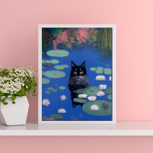 Monet Waterlily Cat Print, Claude Monet Cat Poster, Moods By Monet, Monet Cat, Black Cat Art, Funny Cat print, Funny gift, Home decor Print