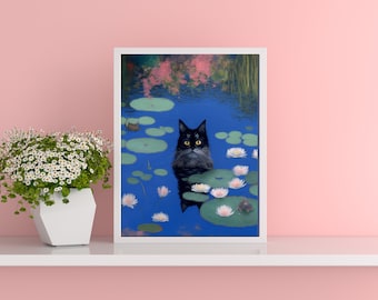 Monet Waterlily Cat Art Print: Funny Home Decor