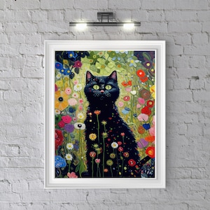 Cadre de chat de jardin de Gustav Klimt, Gustav Kl, cadre de chat de fleurs de Gustave Klimt, art de chat noir, chat de Gustav Klimt, articles de chat pour des amoureux de chat, cadeau de chat