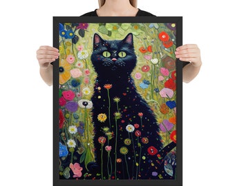 グスタフ・クリムトの庭猫アートプリント：気まぐれな黒猫のポスター
