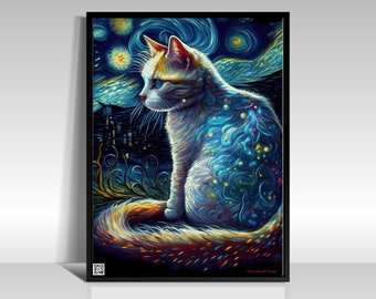 Van Gogh Style Cat Print: Starry Night Neon Art (PDF or Paper)