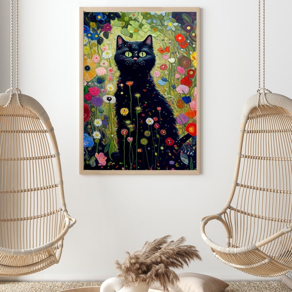 Gustav Klimt Garden Cat Print, Gustav Kl, Gustave Klimt Flowers Cat Poster, Black Cat Art, Klimt Cat, Gustav Klimt Cat, Funny Cat Things