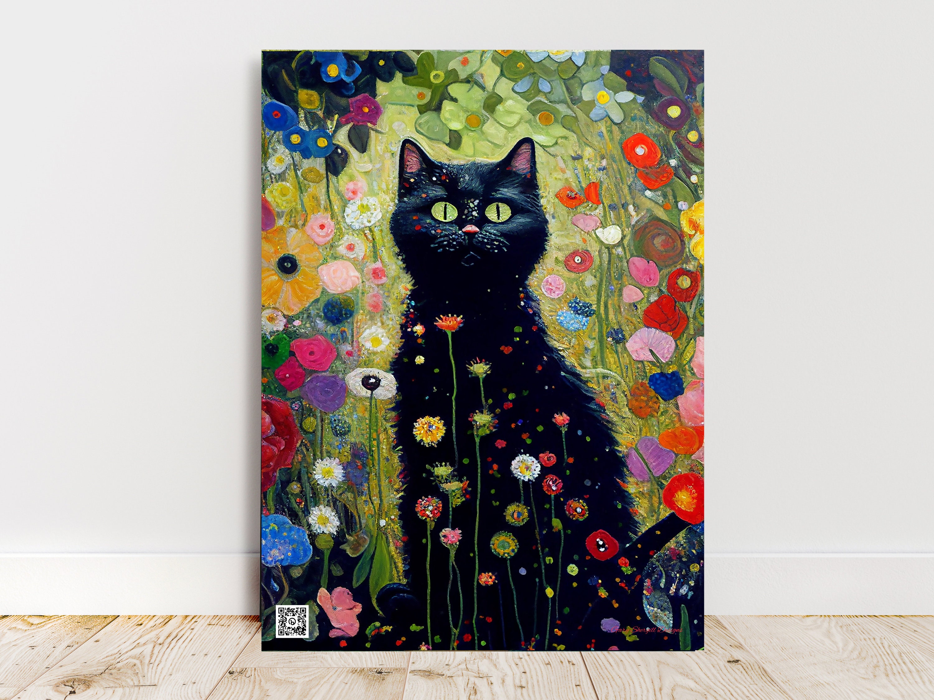 グスタフ・クリムトの庭猫アートプリント：気まぐれな黒猫のポスター