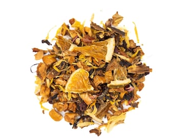 May include: A mix of dried fruit, flowers, and citrus peels for making tea. The mix includes orange, apple, and hibiscus.