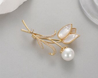 Brass pearl brooch pin, surface plating, flower leaf shape, plant floral elements, 58mm*24mm   XZ-208