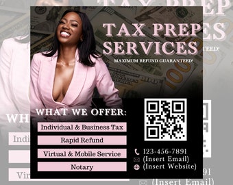 May include: A black and white advertisement for tax preparation services. The ad features a woman in a pink blazer, a QR code, and the text "TAX PREP SERVICES" with the tagline "MAXIMUM REFUND GUARANTEED!" The ad also lists services offered, including individual and business tax, rapid refund, virtual and mobile service, and notary.