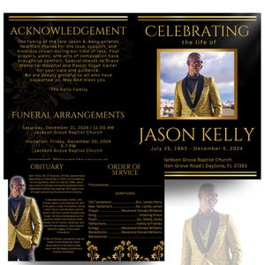 4 Page Black Gold Obituary Template | Men&#39;s Style Funeral Program | Celebration of Life |Men&#39;s Obituary | Canva Template