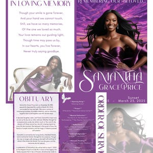4 Page White and Putple Obituary Template | Women&#39;s Style Funeral Program | Celebration of Life | Men&#39;s Obituary | Memorial Tribute