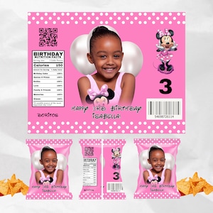 May include: Pink and white polka dot background with a photo of a young girl in a pink dress. The image also includes a cartoon image of Minnie Mouse and the text "HAPPY 3RD BIRTHDAY ISABELLA!" and "3".
