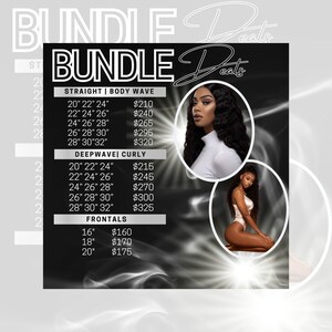 Op de afbeelding: Een zwart-witte afbeelding met de tekst "BUNDLE Deals" en een prijslijst voor haarverlengingen. De prijslijst bevat verschillende lengtes en soorten haarverlengingen, waaronder recht, body wave, deep wave en krullend. De prijzen variëren van € 160 tot € 325.