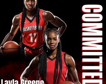 May include: A basketball player in a red jersey with the word "Basketball" and the number "11" on the front. The player is holding a basketball and has long black braids. The text "COMMITTED" is in large white letters on a red background. The text "Layla Greene" and "5'7 | Guard | Cerritos, California" is at the bottom of the image.