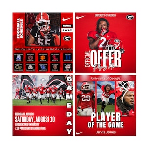 May include: A red and black University of Georgia football game day graphic with a player in a red jersey and a white helmet. The text reads "Game Day" and "Player of the Game Jarvis Jones".
