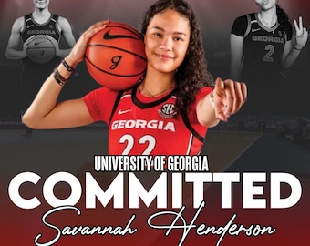 May include: A young woman in a red and white basketball jersey with the word "GEORGIA" and the number "22" on it. She is holding a basketball and smiling. The text "UNIVERSITY OF GEORGIA COMMITTED Savannah Henderson" is written in white letters on a red background.