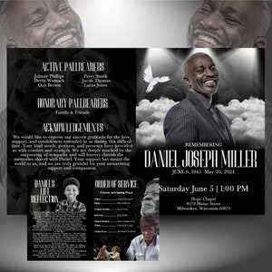 4 Page All Black Obituary Template | Black Men&#39;s Style Funeral Program | Celebration of Life |Men&#39;s Obituary | 17&quot;x11&quot; Canva Template
