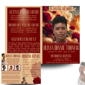 Crimson & Creme 4 Page Obituary Editable Template | Funeral Program | Celebration of Life |  Women&#39;s Homegoing Obituary | Printable Program