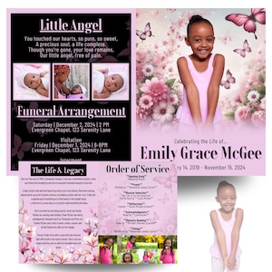 May include: A pink and black funeral announcement for Emily Grace McGee. The announcement includes a photo of Emily, a poem about her, and details about the funeral arrangements. The text reads "Little Angel", "Funeral Arrangement", "The Life & Legacy", "Celebrating the Life of... Emily Grace McGee", and "Order of Service".