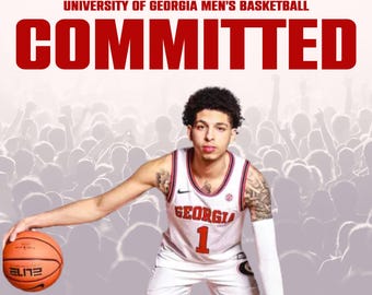 May include: A basketball player wearing a white jersey with red trim and the word "GEORGIA" and the number "1" on the front. The player is holding a basketball and has a crowd of people in the background. The text "UNIVERSITY OF GEORGIA MEN'S BASKETBALL COMMITTED" is at the top of the image.