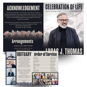4 Page Obituary Editable Template | Funeral Program | Celebration of Life |  Men&#39;s Homegoing Obituary | Printable Program | 11x8.5