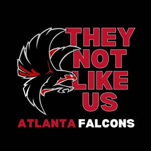 May include: A black and red graphic of a falcon with the text "They Not Like Us" in red and "Atlanta Falcons" in white.