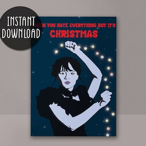 Tarjeta de felicitación navideña imprimible descarga instantánea tarjeta A7 de 7x5 pulgadas para descargar, tarjeta digital, divertido miércoles Addams, Jenna Ortega