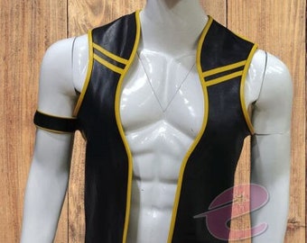 Men's Leather Sale CUTAWAY Berlin bar vest Open Front fetish Gay yellow  piping