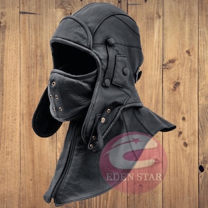Genuine Leather Pilot Aviator Motorcycle Cap Polar Fleece Cotton Lining Detachable Collar Mask Trooper Earflap Hat BROWN-BLACK