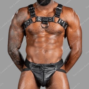 May include: Black leather harness with adjustable straps and metal hardware. The harness features a chest strap with a large metal ring and a matching jockstrap with a zipper closure. The product is designed for body wear.
