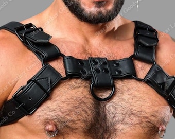 Black Leather Chest Harness - Adjustable Men's Shoulder Belt, Plus Size