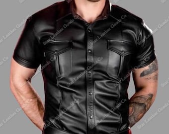 Men's Black Genuine Leather Shirt: Handmade Half Sleeve Top