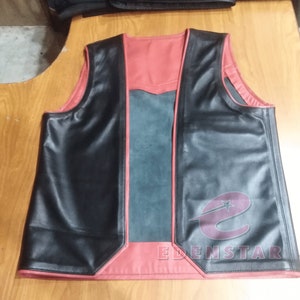 Men’s 100% Genuine Cowhide Leather Men&#39;s Bar Vest, Handmade Leather Men&#39;s Vest, Cow Skin Vest, Black Vest with Red Stripes